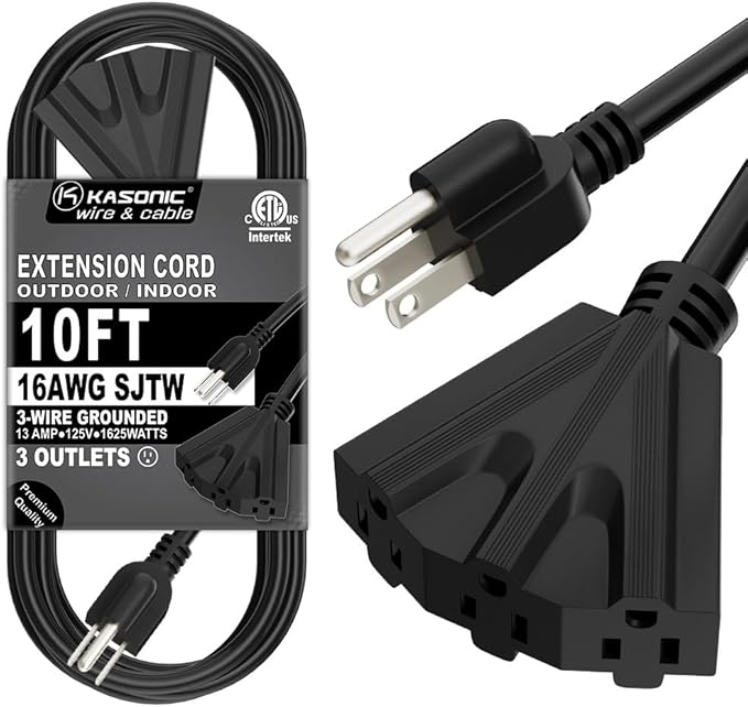 K KASONIC - 10 Ft Extension Cord with 3 Outlets, UL Listed 16/3 SJTW 3-Wire Grounded, 13A 125V 1625W for Indoor/Outdoor Use - Black