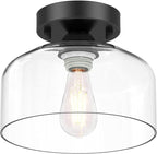Semi Flush Mount Ceiling Light - Clear Glass Pendant Lamp Shade, Matte Black Finish, Modern Farmhouse Light Fixture for Hallway Corridor Kitchen Entryway Bedroom, Bulb Not Included