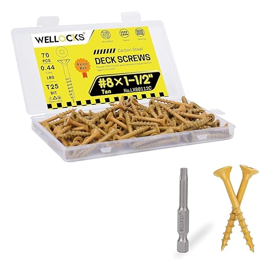 WELLOCKS Deck Screws, Wood Screws, Tan, Superior Rust Resistant, Epoxy Coated, Above 1000 Hour Salt Spray Coating T25 Torx Star Bit Included for Outdoor Wood Fence (Trial Size 0.44LBS, #8×1-1/2")