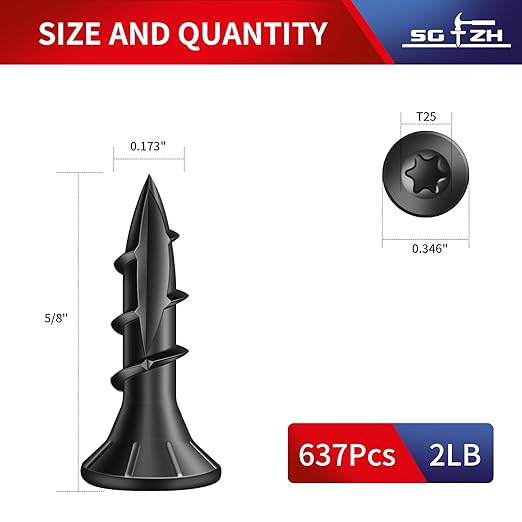 #8 x 5/8" Deck Screws (637Pcs) 2lb. Exterior Wood Screws. Carbon Steel, Black, Flat Head, Rust Resistant epoxy Coated, with T25 Star Bit
