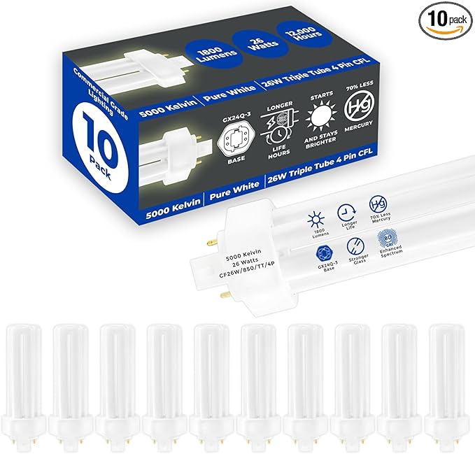 GoodBulb 26 Watt CFL Light Bulbs 4 Pin GX24Q-3 Base 5000K Daylight 26W High Output 1800 Lumens Triple Tube Compact Fluorescent Light Bulbs Plug-in 10 Pack