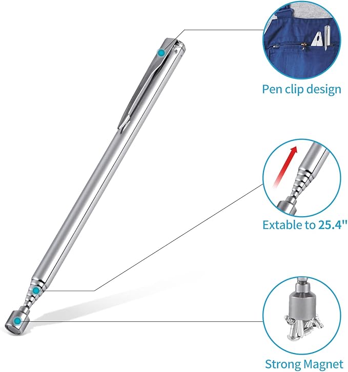 1 Piece 3.5LBs Telescoping Magnetic Pickup Tool, with Pen Clip Design, Magnet Stick Rod Extendable 5.1" to 25.4" for Men, Birthday, Father's Day, Christmas Gift