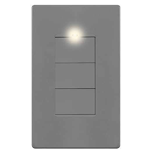 LIDER Minimalist Design Matte Finish Lighted Triple Switch with Screwless Wall Plate, Combination Frameless Decorator Switch with Locator Light, Ground Terminal, Single Pole, 15A 120V, UL Listed, Gray
