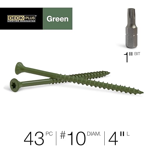Deck Plus 4 Inch Epoxy Coated Exterior Wood and Fence Screws #10 x 4 Torx/Star Drive Included Coarse Thread, Outdoor Rust Resistant Decking Screw, Green, 1lb Box, 43 Pieces | 48409