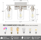 3 Light Bathroom Light Fixtures Brushed Nickel Vanity Light Over Mirror Modern Farmhouse Wall Lighting Sconces Wall Lamp for Bathroom, Bedroom, Living Room E26 Socket with Glass Shade