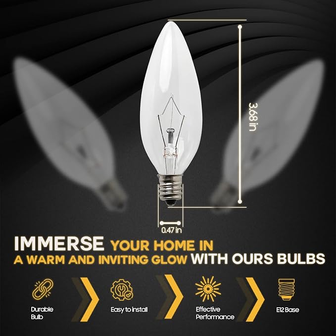 Seentech 12 Pack 60W 120V E12 Base B10 CTC Incandescent Light Bulbs, Transparent Candle Light Bulbs Perfect for Chandeliers, Ceiling Fan Lights, Pendants, Fireplace, Dimmable, Warm White 2700K