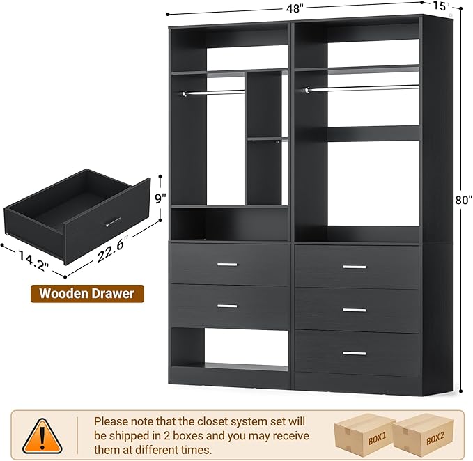 4FT Closet Systems with 5 Wood Drawers, 48 Inch Closet Organizer System with 2 Hanging Rods & 7 Shelves, Heavy Duty 48" Walk-in Closet, Black (48"L x 15" W x 80" H)