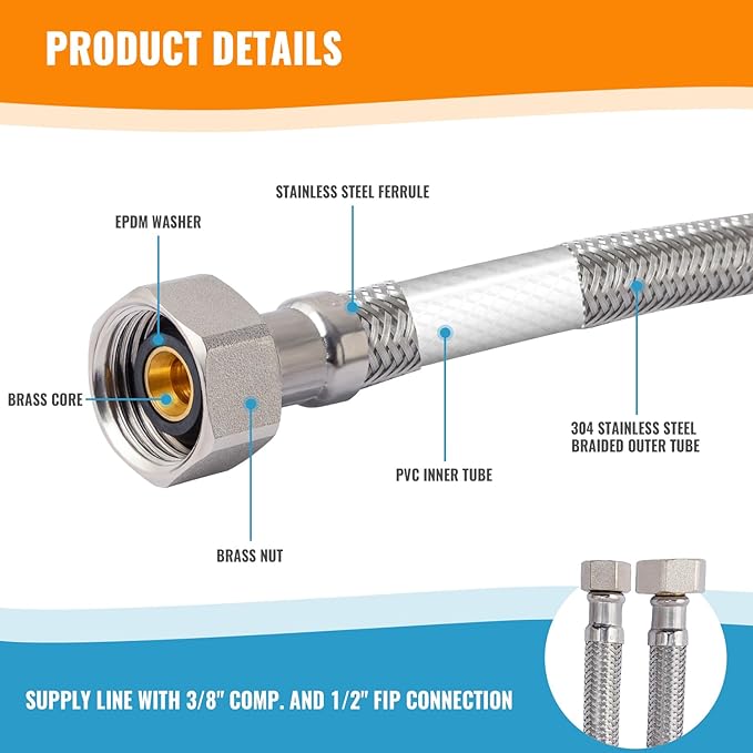 (6 Pack) SUNGATOR 20 Inch Faucet Supply Lines, 3/8" Female Comp Thread x 1/2" FIP Thread Sink Hose, 20" Stainless Steel Braided Faucet Supply Line for Bathroom, with 2 Wrenches and 1 Sealing Tape