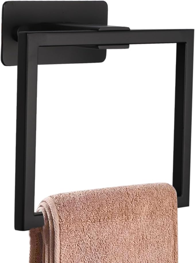 LANC Hand Towel Holder for Bathroom Wall Mount Matte Black Square Self Adhesive Hand Towel Rings for Bathroom Hardware Accessories Kitchen Toilet Stainless Steel Towel Hanger Racks, A8396MB