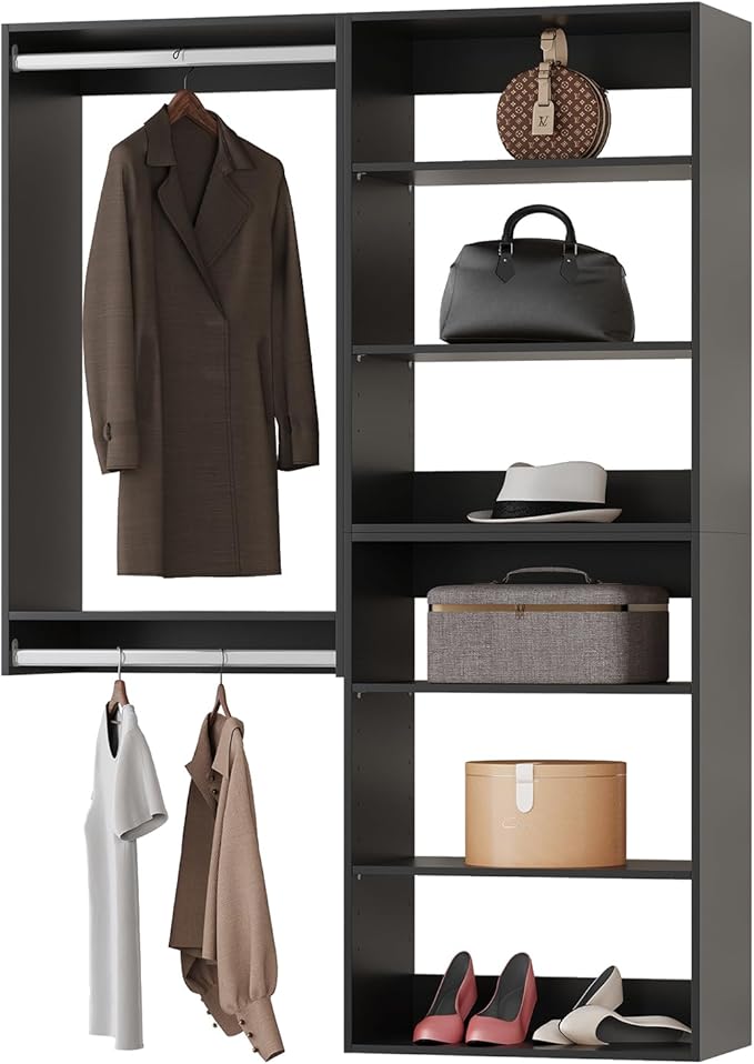 Modular Closet System, 46" Wide Closet Organizer System with Towers and Hanging, Wood Closet Tower Storage for Walk In Closets, Wall Mounted Wardrobe Organizer Kit System, Bedroom, Black