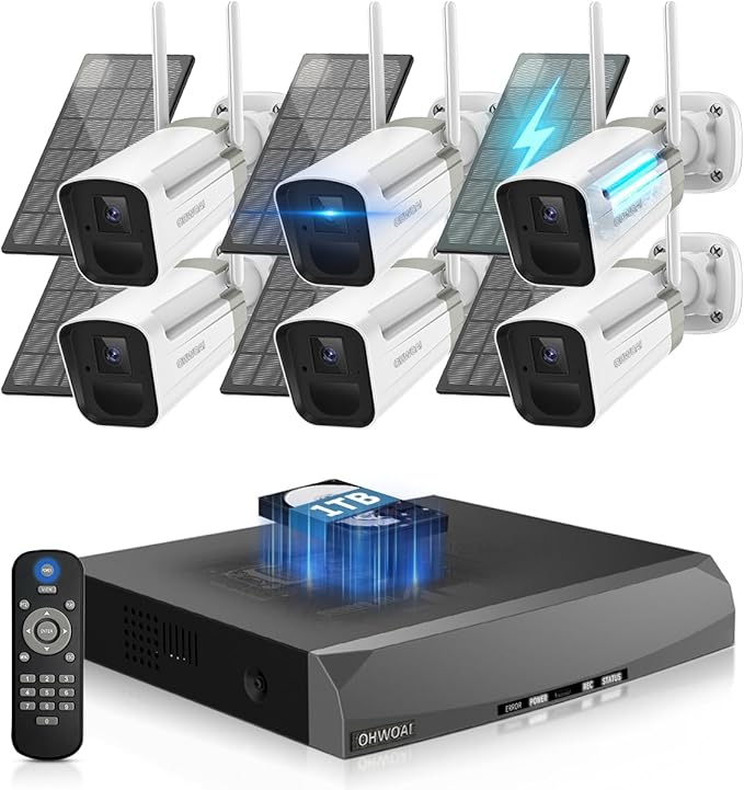 《100% Wire-Free》Wireless Outdoor Security Camera System, Solar Powered WiFi Cameras Systems with PIR Motion Detection, Home Video Surveillance DVR Kits