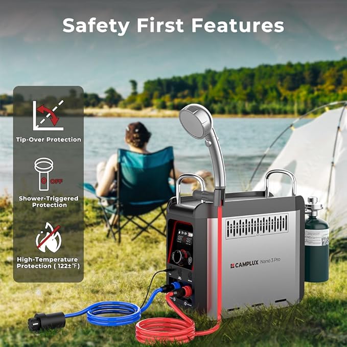CAMPLUX Nano 3 Pro 1 lb Propane Portable Water Heater, Table Top Camp Water Heater & Shower Pump w/Built-in Battery, Compact Outdoor Camping Hot Showers