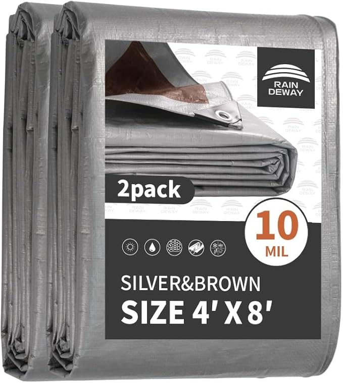 RAINDEWAY Tarps Heavy Duty Waterproof 4x8 Feet(2 Pack),10Mil Thick Multipurpose Poly Small Tarp Cover with Metal Grommets and Reinforced Edges,Silver/Brown Tarp