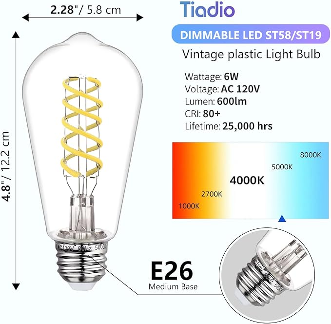 ST58 Edison Bulbs 60 Watt Led, 5000K Vintage Light Bulbs, E26 Led Bulb 6W Dimmable Plastic 600LM, Antique Decorative Filament LED Bulb for Bedroom Office Fan Lights Ceiling Fixtures 12 Pack