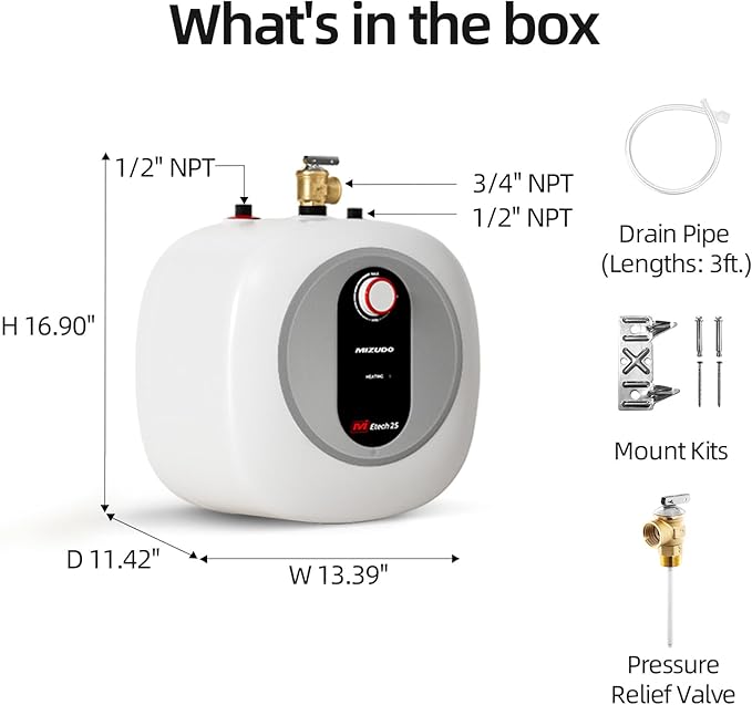 MIZUDO Electric Mini Tank Water Heater - 2.5 Gallon Under Sink Small Hot Water Heater - 110 120V Point of Use for RV, Camper, Kitchen, Food Truck - Easy to Install - Wall or Floor Mounted