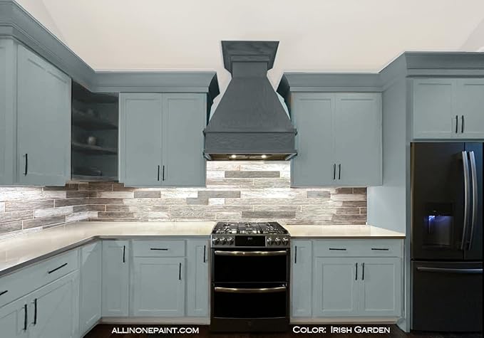 ALL-IN-ONE Paint, Durable cabinet and furniture paint. Built in primer and top coat, no sanding needed. Includes our 30 featured color card - Irish Garden (blue green), Gallon