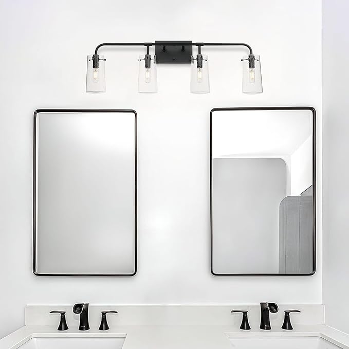 XiNBEi Lighting Bathroom Vanity Light, Industrial 4 Light Vanity Light Black Wall Light Fixture with Clear Seeded Glass Over Mirror XB-W1283-4-MB