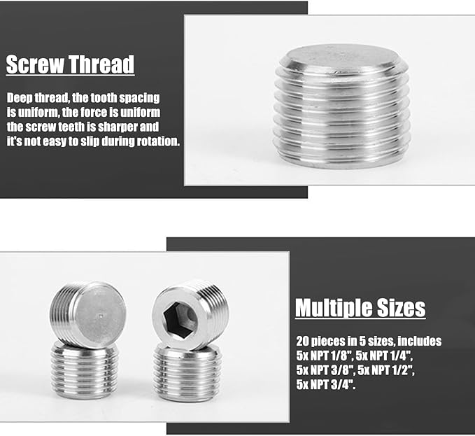 20 Pcs Stainless Steel Pipe Plug Fitting, 5 Sizes 1/8" 1/4" 3/8" 1/2" 3/4" NPT Male Internal Hex Thread Socket Pipe Plug Fitting Assortment Kit