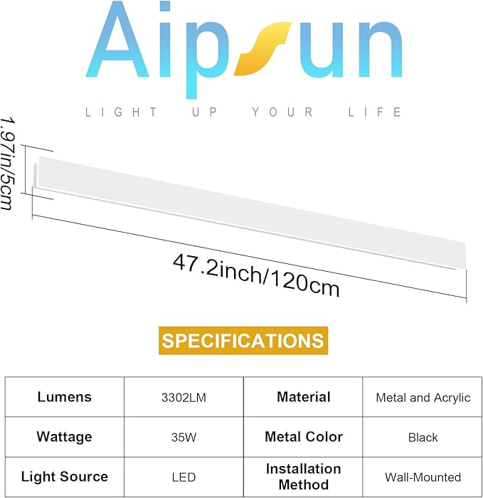 Aipsun 2 Pack Modern Outdoor Wall Lights - 47.2inch Long Strip LED Exterior Porch Lights, 3000K