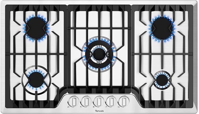 36 Inch Gas Cooktop, Propane Stove Top with 5 ITALY SABAF Sealed Burners 41,800BTU, NG/LPG Convertible Built-in Stainless Steel Stovetop with Thermocouple Protection for Rvs Kitchen Outdoor