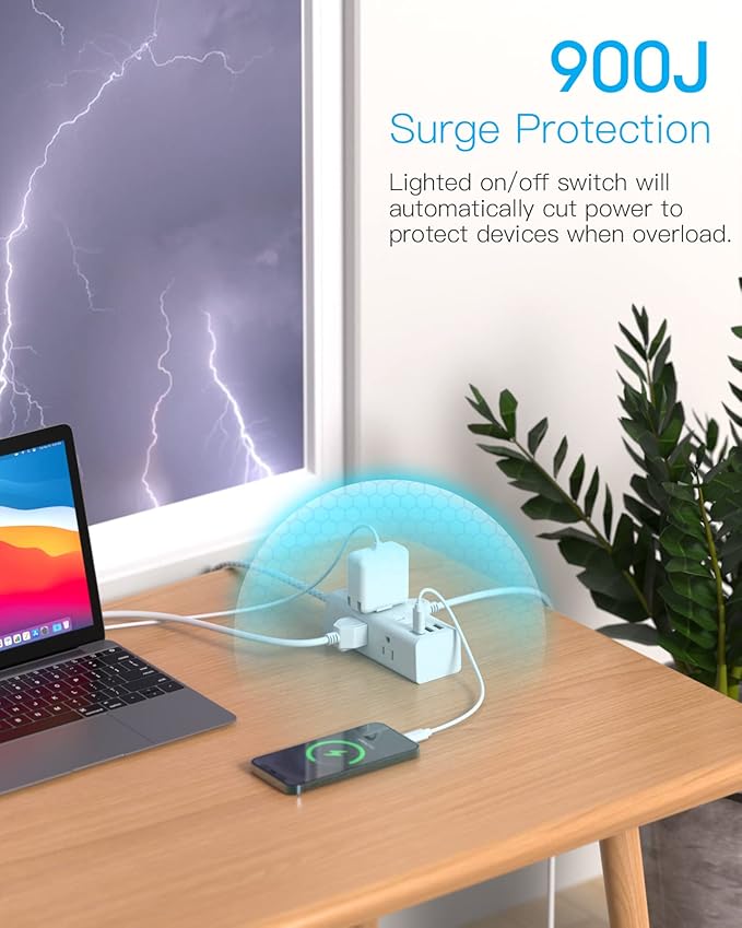 25 Ft Extension Cord with Multiple Outlets - One Beat Flat Plug Power Strip Surge Protector with 25 Ft Long Cord, 6 Outlet 3 USB Ports (1 USBC), Multi Outlet Wall Plug Home Office Dorm Room Essentials