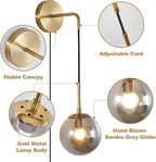 KCO Modern Globe Wall Sconce with Plug in Industrial Vintage Wall Lamp On/Off Switch Adjustable Minimalist 1-Light Mounted Reading Lamps for Bedroom Living Room Corridor(Smoke Gray & 2-Pack)