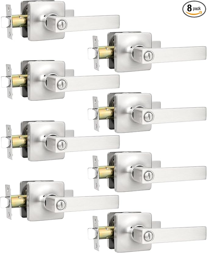 GOBEKOR 8 Pack Privacy Door Handles - Brushed Nickel Interior Door Handles with Lock Square Lever for Bedroom Bathroom Keyless Privacy Lever