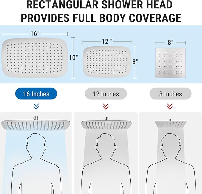G-Promise All Metal 16 Inch Shower Head with Massage Mode Handheld, Rain Shower Head with Handheld Spray Combo, 3-Way Diverter with Pause Setting, 12 Inch Adjustable Extension Arm (Brushed Nickel)