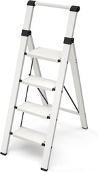 Taranta 4 Step Ladder, Lightweight Aluminum Step Stool with Convenient Handgrip, Folding Ladder with Anti-Slip Pedals, 330lbs Capacity Stepladder for Home, Office, Kitchen - White