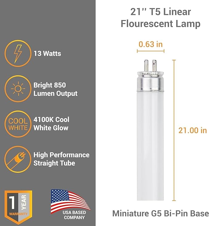 Diodesy- T5 Fluorescent Light Bulb 21 Inch Under Cabinet Tube Light Pack of 20 13W 4100K Cool White G5 Miniature Bi-Pin Base 850LM Super Long Life Linear Replacement Straight Lamp ROHS Compliant
