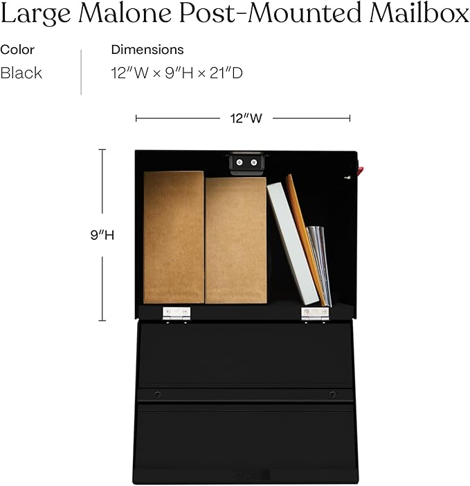 post & porch Malone Mailbox | Post Mounted Mailbox | Black/White/Gray/Brown/Red/Blue/Green, Regular or Large, Weatherproof Mail Box for Outside, Customizable (Black, Large)