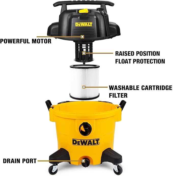DEWALT 10 Gallon Shop Vacuum Wet and Dry, 5.5 Peak HP Poly Wet Dry Vacuum Cleaner with Attachments, 2-Stage Motor, Portable Handle/Caster with Drain Blower, DXV10PZ for Car, Garage, Workshop, Pet Hair