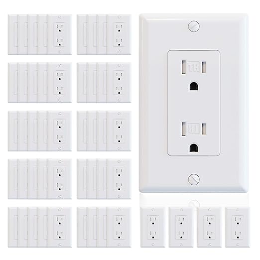 ELEGRP Decorator Wall Receptacle Outlet, Tamper Resistant 15 Amp Standard Electrical Wall Outlet, Residential Grade, Self-grounding, 125V, Wall Plate Included, UL Listed, Glossy White, 50 Pack