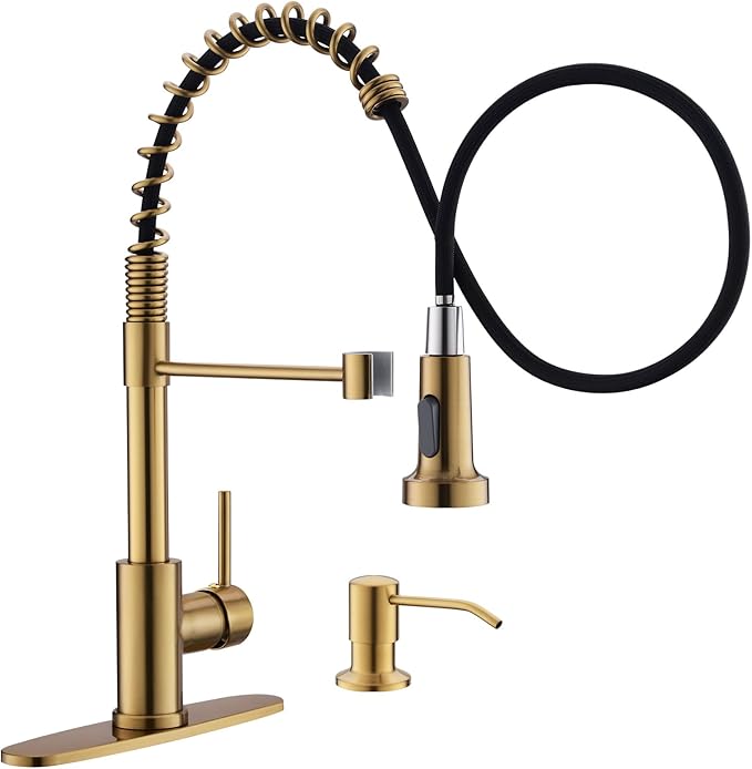 GIMILI Brushed Gold Kitchen Faucet with Soap Dispenser, Commercial Single Handle Spring Pull Out Kitchen Sink Faucets with Pull Down Sprayer