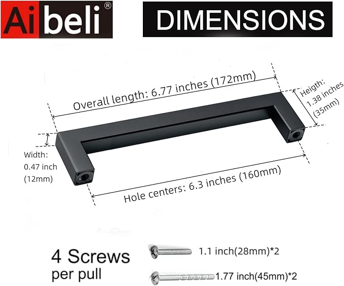 10 Pack Matte Black Cabinet Pulls 6.3 Inch Stainless Steel Square Handles for Kitchen Cabinet Black Cupboard Handles Modern Drawer Pulls Dresser Knobs