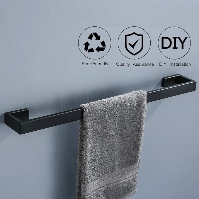 TNOMS 4 Pieces Bathroom Hardware Accessories Set Black Towel Bar Towel Holder Robe Hook Toilet Paper Holder Stainless Steel,Q8-P4BK