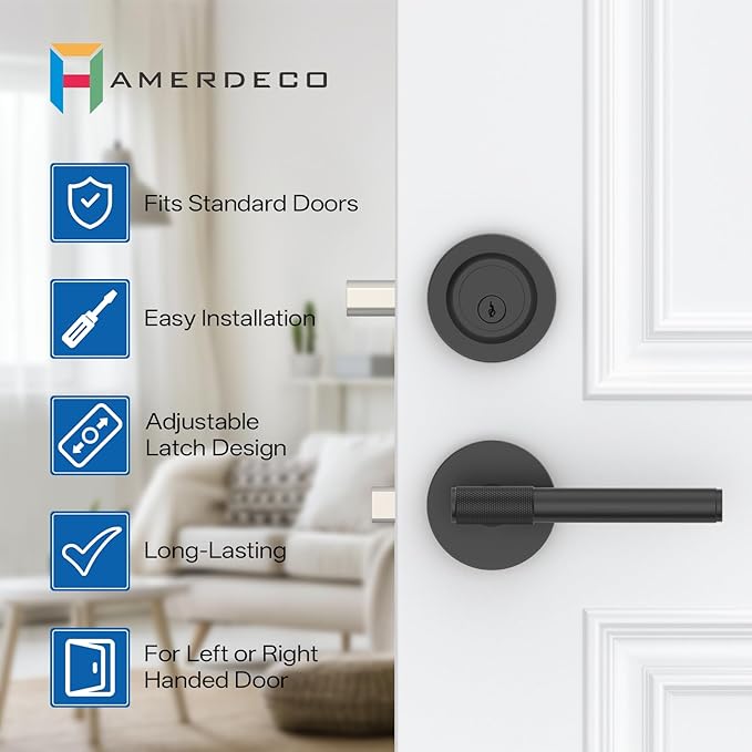 Amerdeco Front Door Lock Set with Double Cylinder Deadbolt, Black Exterior Entry Door Lever, Heavy Duty Entry Door Locksets for Left or Right Hand Exterior Door（Black 1 Pack）