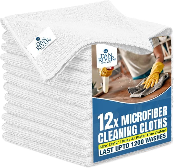 DAN RIVER 12-Pack White Microfiber Towels – Ultra Absorbent, Lint-Free & Streak-Free dust Cloths for Home, Car & Kitchen - Must-Have Cleaning Essentials - 12" x 12"