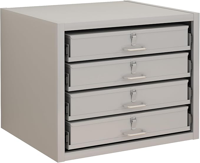 Steel Compartment Box Slide Rack, 4 Divider Scoop Boxes, Cold-Rolled Steel, 20" L x 15.75" W x 15" H, Carry-on Tool Box, Gray — Small Parts Organizer for MRO, Shop & Garage