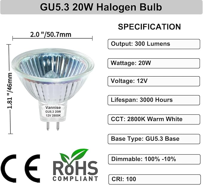 MR16 Bulb 20W, High Output 300LM MR16 Halogen Bulb 20W 12V Warm White 2800K, Halogen GU5.3 Base, MR 16 Dimmable with Clear Glass Cover, Long Lasting MR 16 12V 20 W Halogen Bulb