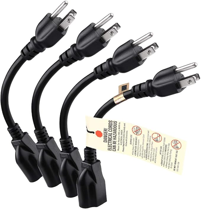 [ETL Listed] Miady Short Power Extension Cord Outlet Saver, 16AWG/13A, 3 Prong (4 Pack, Black, 8 Inch)