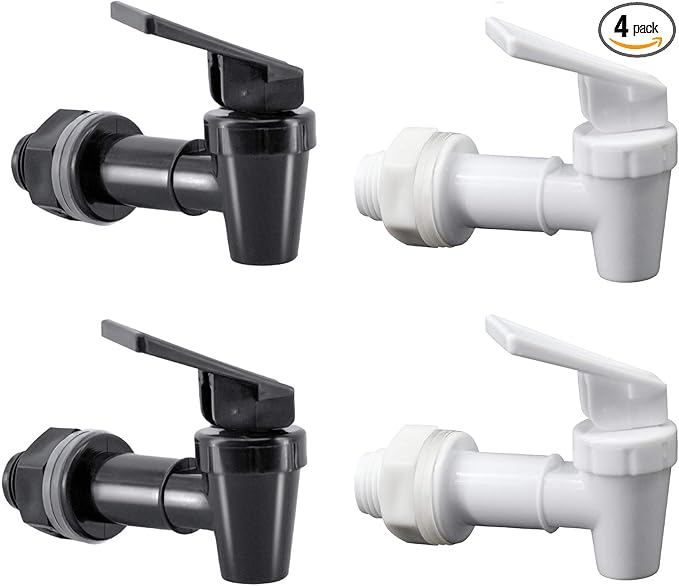 Replacement Cooler Faucet Water Bottle Jug, BPA-Free Plastic Spigot Spout Water Beverage Lever Pour Dispenser Valve, Crock Tap (2 White, 2 Black)