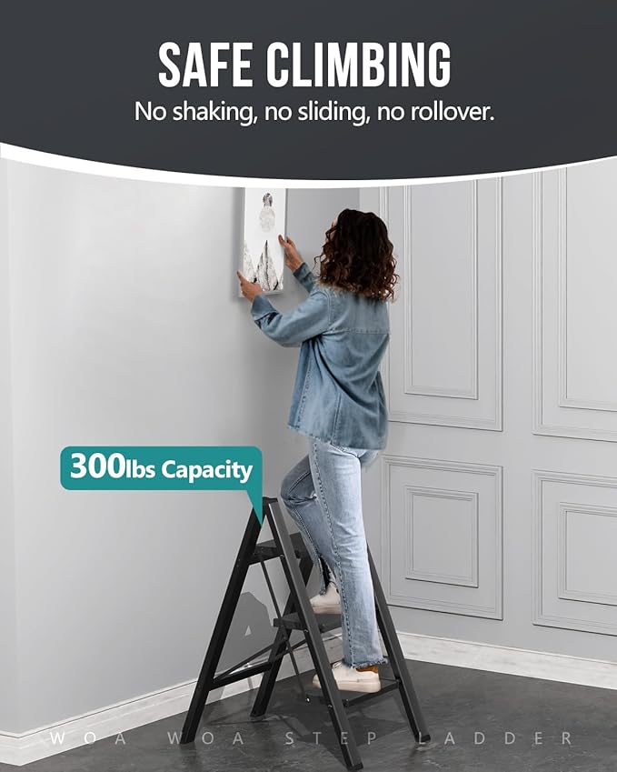 WOA WOA Step Ladder, Portable Lightweight Home Ladder, Folding Step Stool with Widening Pedals, Kitchen Stepladder, Space Save, Easy to Store, 300 lbs Capacity (3 Step, Black)