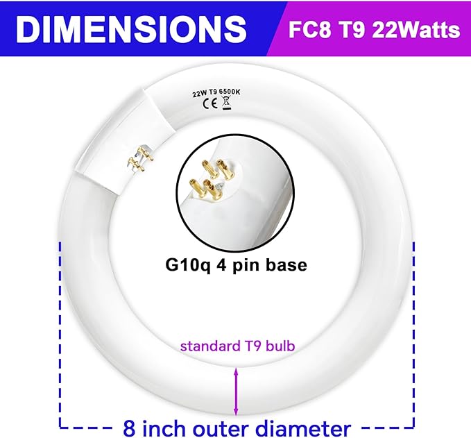 FC8T9 22W and FC12T9 32W Set Daylight, 8 inch T9 22 Watts Circular Light Bulbs, 12 inch 32 Watts Circline Fluorescent Bulb CRI 80, 6500K 3350 Lumen G10q