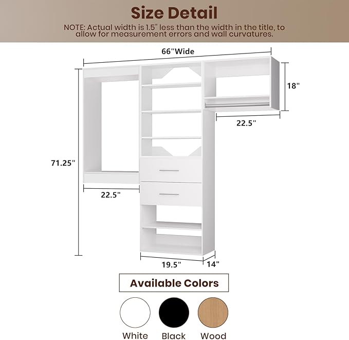 ROOMTEC Modular Closet System, 66" Wall Mounted Modern Closet Organizer with Hanging Rods and Drawers, Wooden Tower for Walk-In Closets, Wardrobe Storage Kit, White