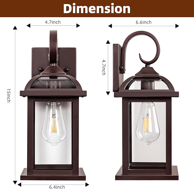Bronze Outdoor Wall Lanterns Aluminum Anti-Rust Porch Lights 2-Pack, Exterior Light Fixtures IP65 Waterproof Clear Glass Brown Outdoor Sconces Lamps Wall Mount, Oil Rubbed Bronze