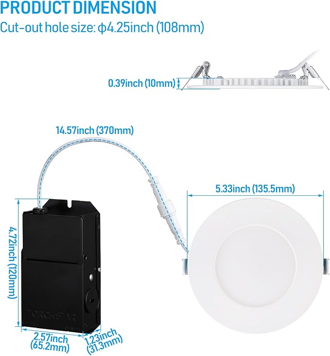 TORCHSTAR Premium Series 4 Inch Ultra-Thin LED Recessed Light with Junction Box, 10.5W Dimmable LED Canless Recessed Ceiling Lights Slim, ETL & ES Listed, CRI90, 4000K Cool White, White, Pack of 6