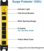 Heavy Duty Power Strip Surge Protector, 6 Outlet Industrial Power Strip with 15A, 10 FT Cord, 1200 Joules ETL Listed. Yellow