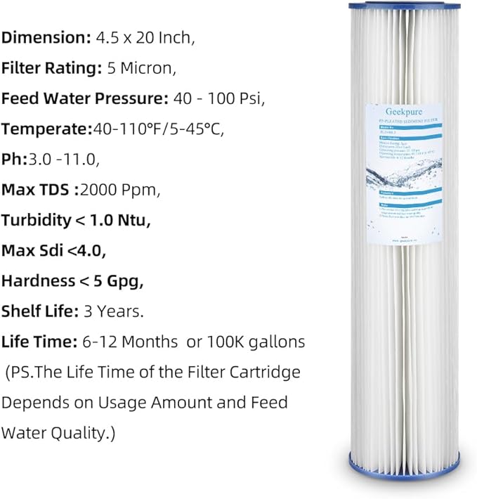 Geekpure Whole House Pleated PP Polypropylene Sediment Filter -4.5" x 20"-5 Micron (Pack 4)
