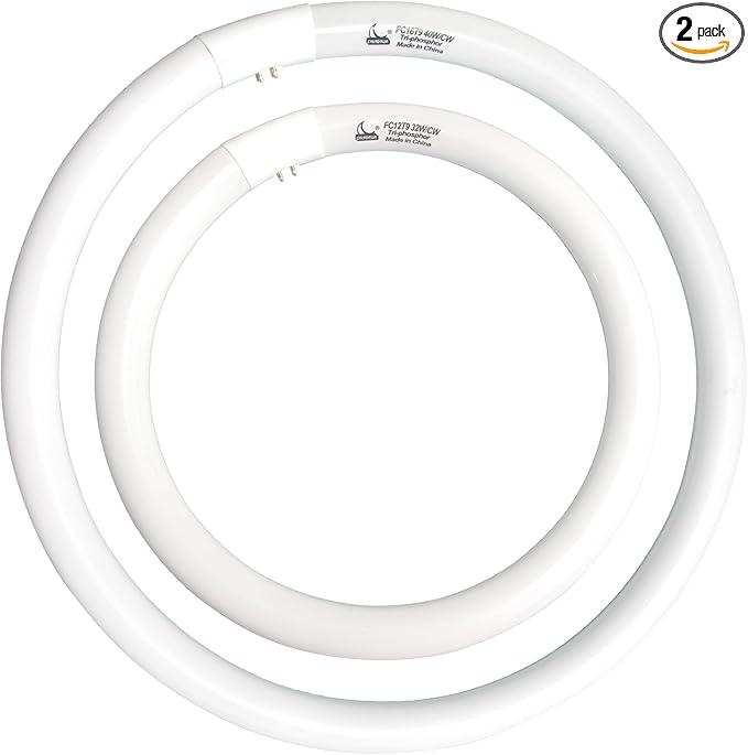 FC12T9/CW 32W and FC16T9/CW 40W Cool White Set, Round Fluorescent Light Bulb 12 inch T9 32 Watts & 16 inch 40 Watts Circular Bulb, Circline Kitchen and Bath Light Bulbs, 4100K, G10q 4 pin Prong